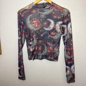 Urban Outfitters Celestial Sun Moon Mesh Long Sleeve Mock Neck Crop Top Large